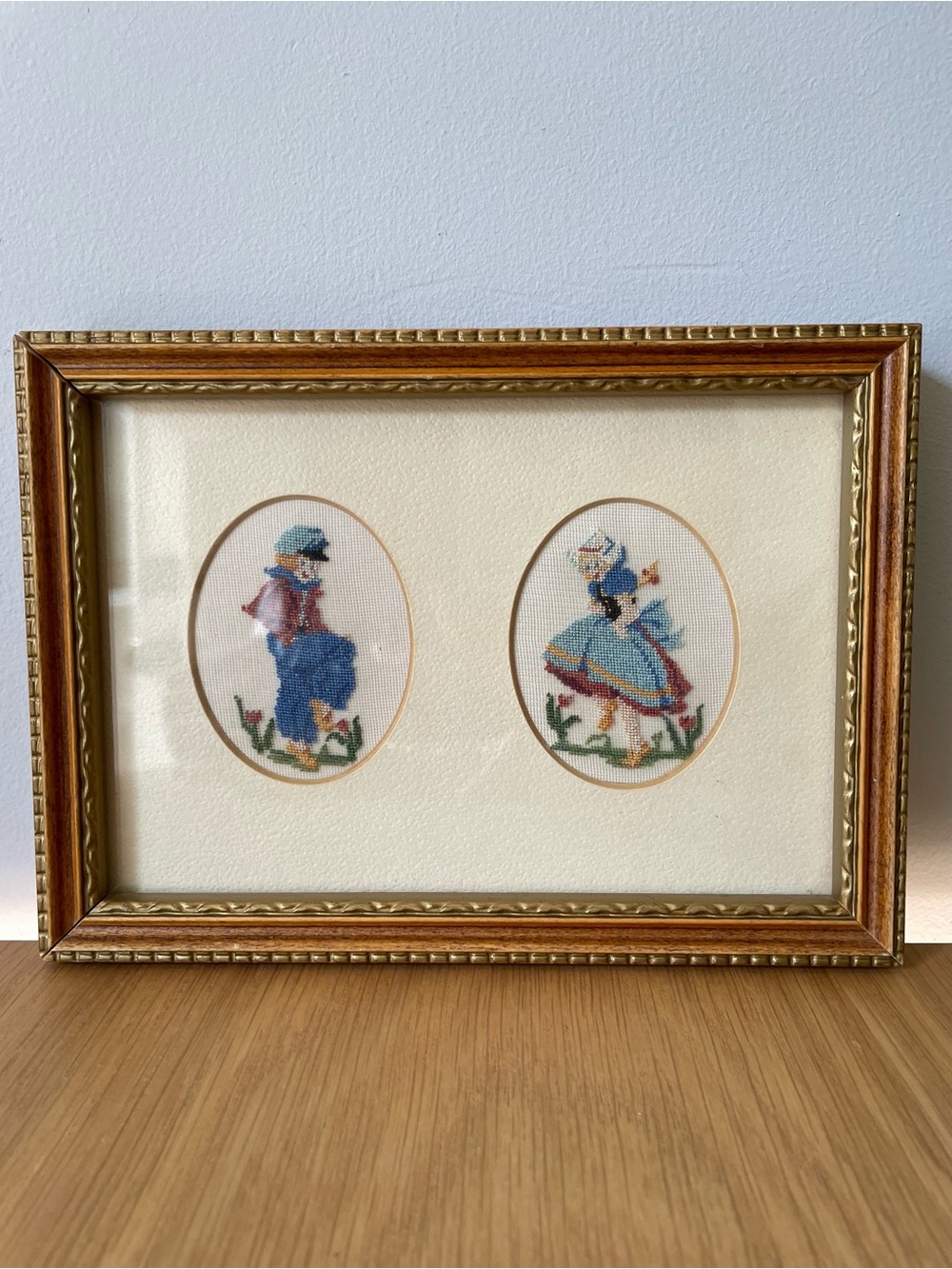 Vintage Framed Petit Point Needlepoint Embroidery Art Dutch Boy & Girl Couple
